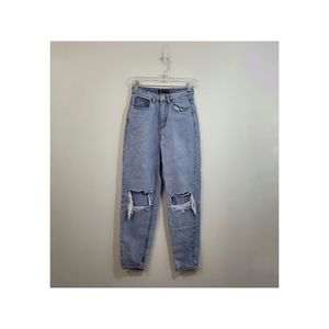 Pretty Little Thing Women's Hi Rise Blue Light WBash Distressed Denim Mom Jean